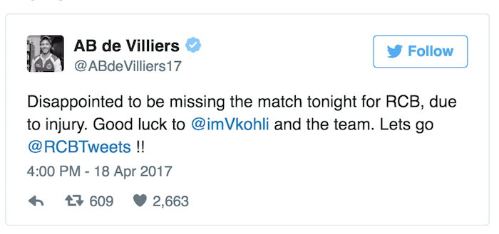 AB de Villiers tweet