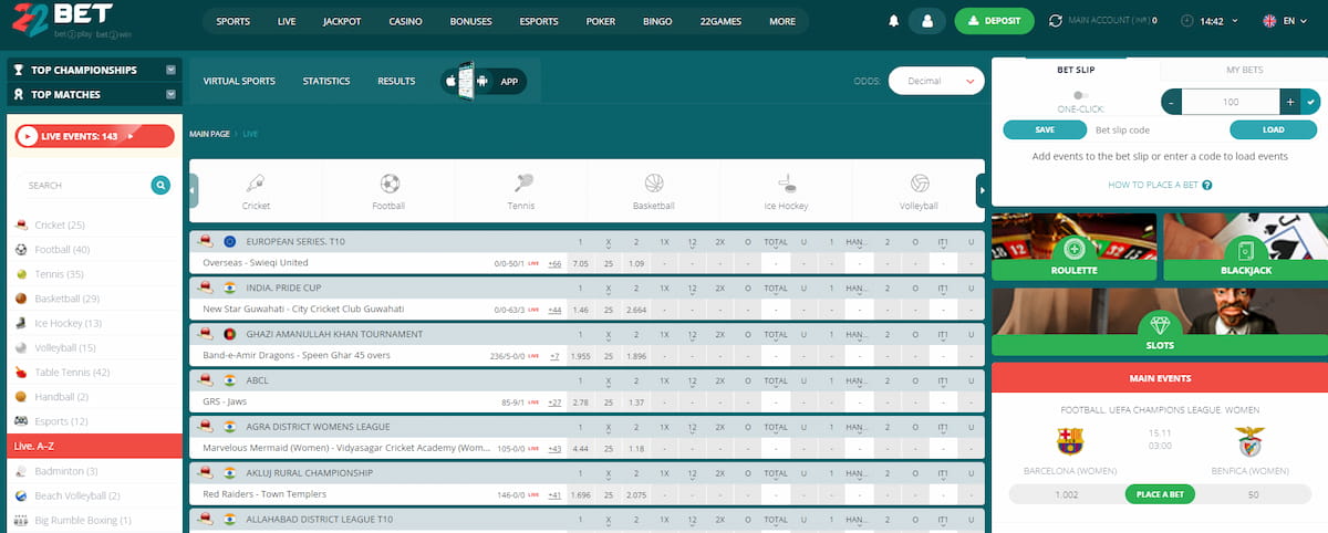 22bet sportsbook interface