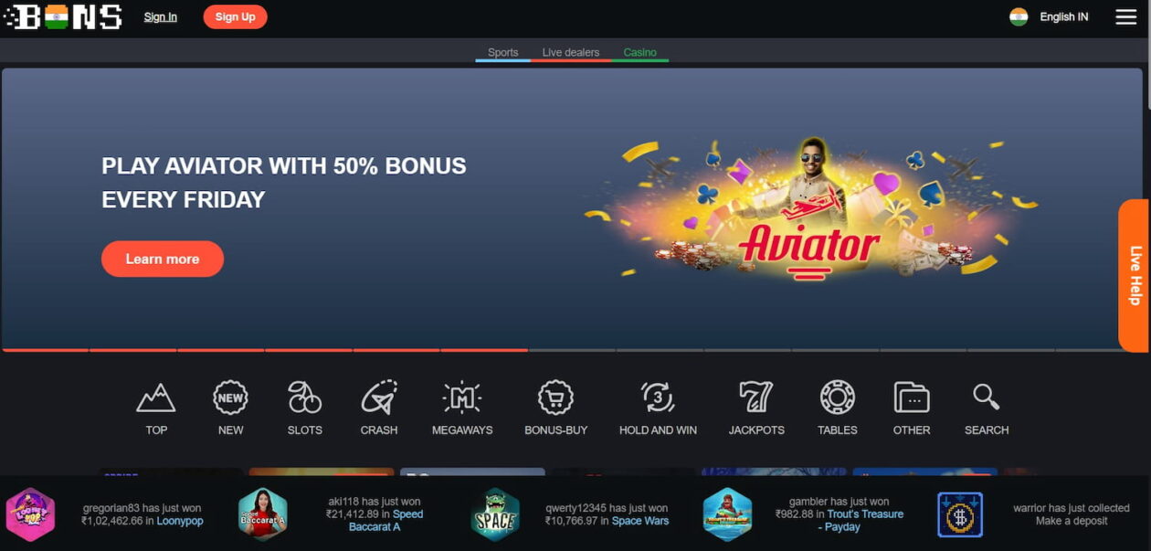 bons casino and sportsbook homepage
