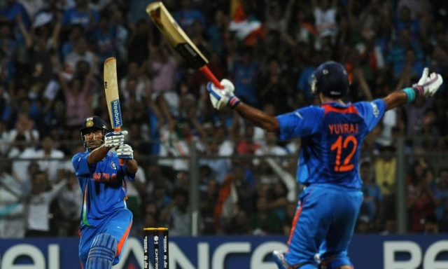 MS Dhoni hitting the six in ICC ODI World Cup 2011