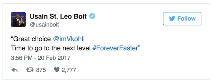 Usain Bolt tweet to Virat Kohli