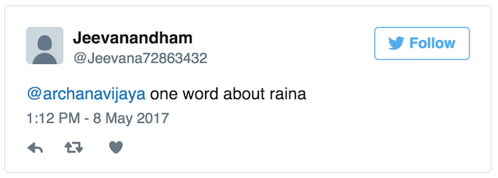 One Word About Suresh Raina tweet