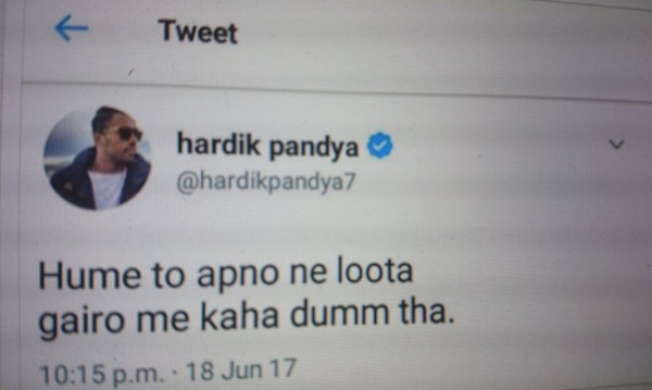 hardik pandya controversial tweet