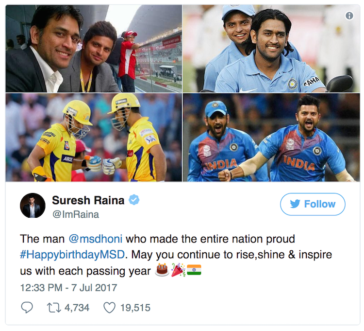 Suresh Raina birthday tweet to MS Dhoni