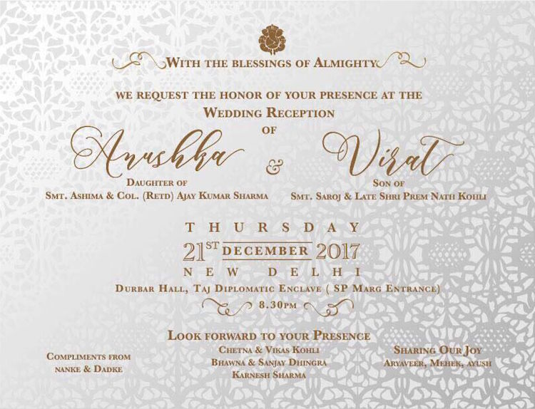 Anushka Virat wedding reception card