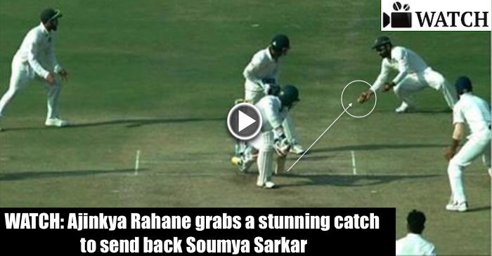 WATCH: Ajinkya Rahane grabs a stunning catch to send back Soumya Sarkar