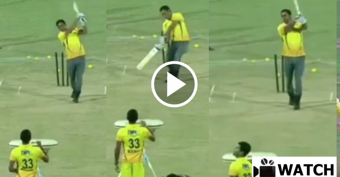 WATCH: MS Dhoni smashing all three balls into stands in the six hitting contest