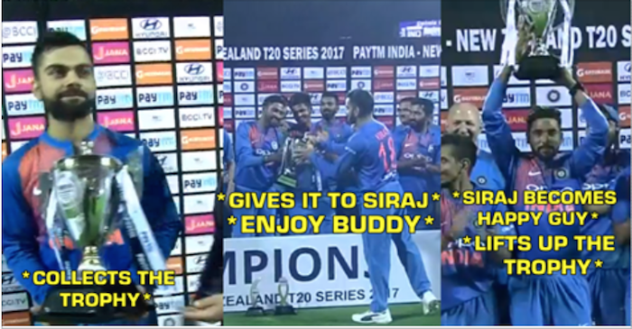 WATCH: Virat Kohli hands over the winning trophy to Mohammed Siraj