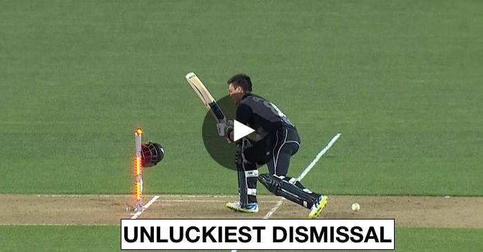 VIDEO: New Zealand’s Mark Chapman gets out after his helmet hits the wickets