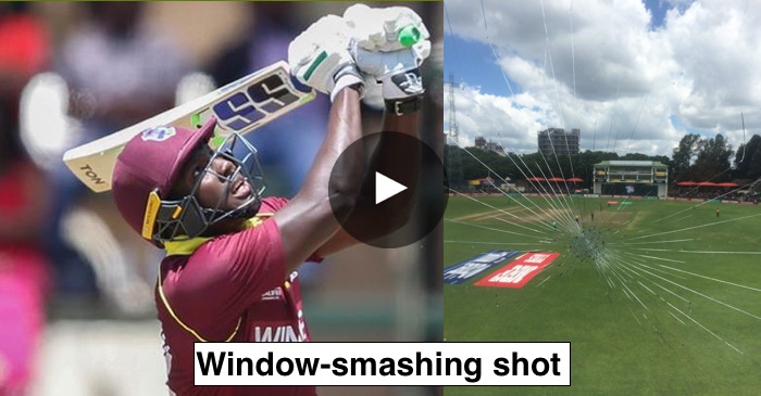 WATCH: Rovman Powell shatters the window glass of the second-floor press room