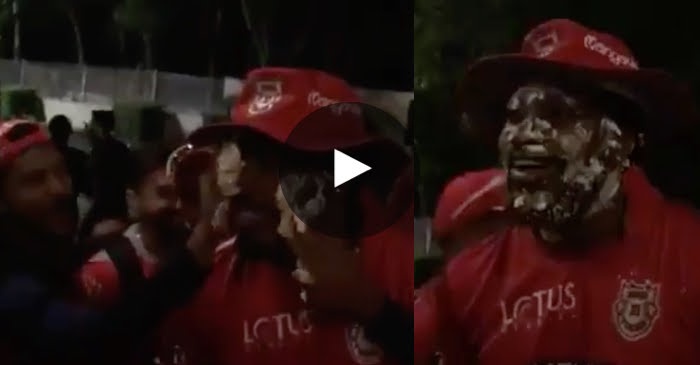 WATCH: KXIP players smear cake all over Chris Gayle’s face after victory over CSK