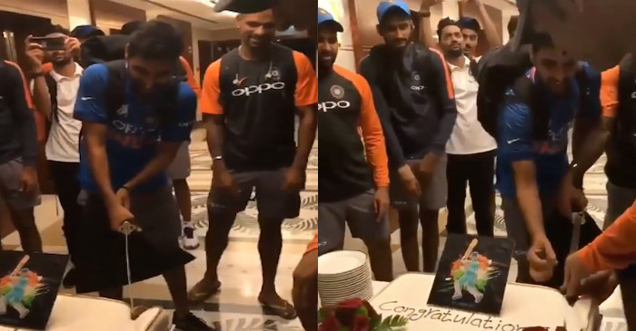 WATCH: Bhuvneshwar Kumar cuts cake with a sword after India’s comprehensive win over Pakistan