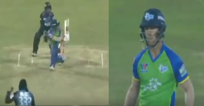 A right-handed David Warner scores 6,4,4 off Chris Gayle in BPL 2019