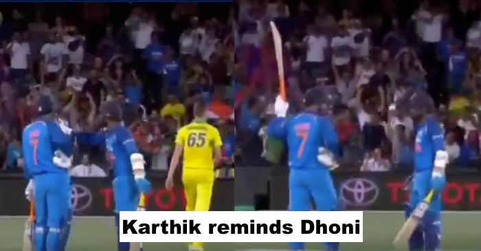 MS Dhoni forgets to raise the bat after completing his half-century, Dinesh Karthik reminds him later