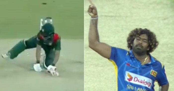 Sri Lanka pacer Lasith Malinga floors Bangladesh opener Tamim Iqbal with a perfect yorker in his last ODI