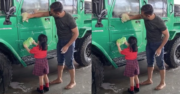 Ziva Dhoni helps dad MS Dhoni in washing the new Nissan Jonga; video goes viral