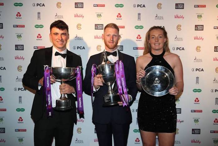 Tom Banton with the John Arlott Cup for the PCA Young Player of the Year, Ben Stokes with the Reg Hayter Cup for the Player of the Year and Sophie Ecclestone with the Womens Player of the Summer