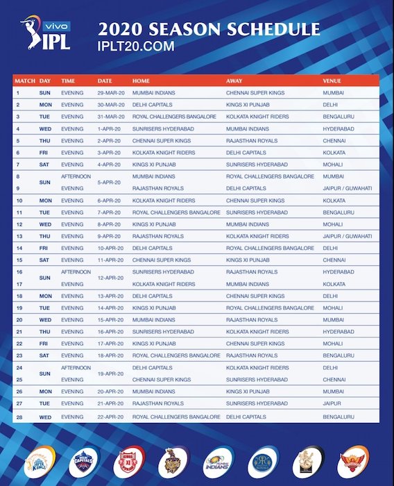 ஐபிஎல் 2020 போட்டி அட்டவணை வெளியீடு: முதல் ஆட்டத்தில் சிஎஸ்கே - மும்பை இந்தியன்ஸ் பலப்பரீட்சை IPL-Schedule-2020-1