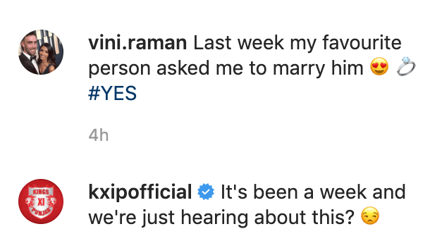 Kings XI Punjab comment on Vini Raman instagram