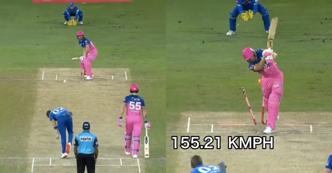 IPL 2020: WATCH – Anrich Nortje cleans up Jos Buttler with a 155.21 kph thunderbolt