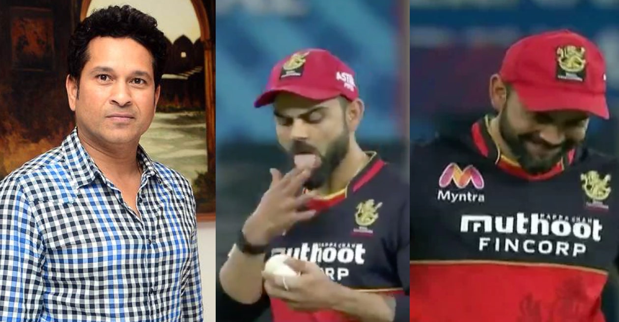IPL 2020, DC vs RCB: Sachin Tendulkar Tendulkar reacts after Virat Kohli almost applies saliva on ball