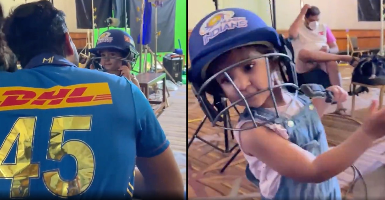 IPL 2021: WATCH – Rohit Sharma’s daughter Samaira dons Mumbai Indians helmet; shows how her daddy hits a six