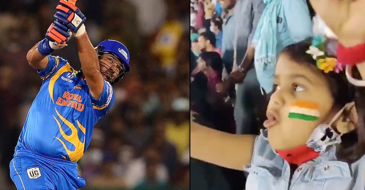 Yuvraj Singh advises a cute little fan to wear mask while cheering during the Road Safety World Series match