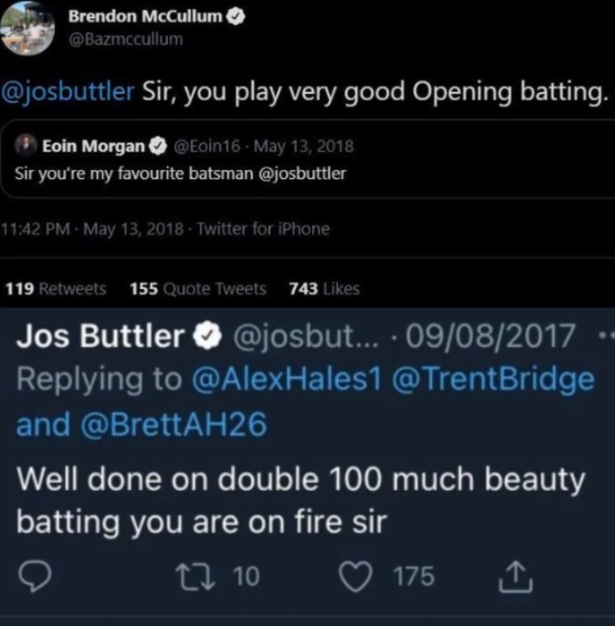 Eoin Morgan, Brendon McCullum and Jos Buttler Tweets