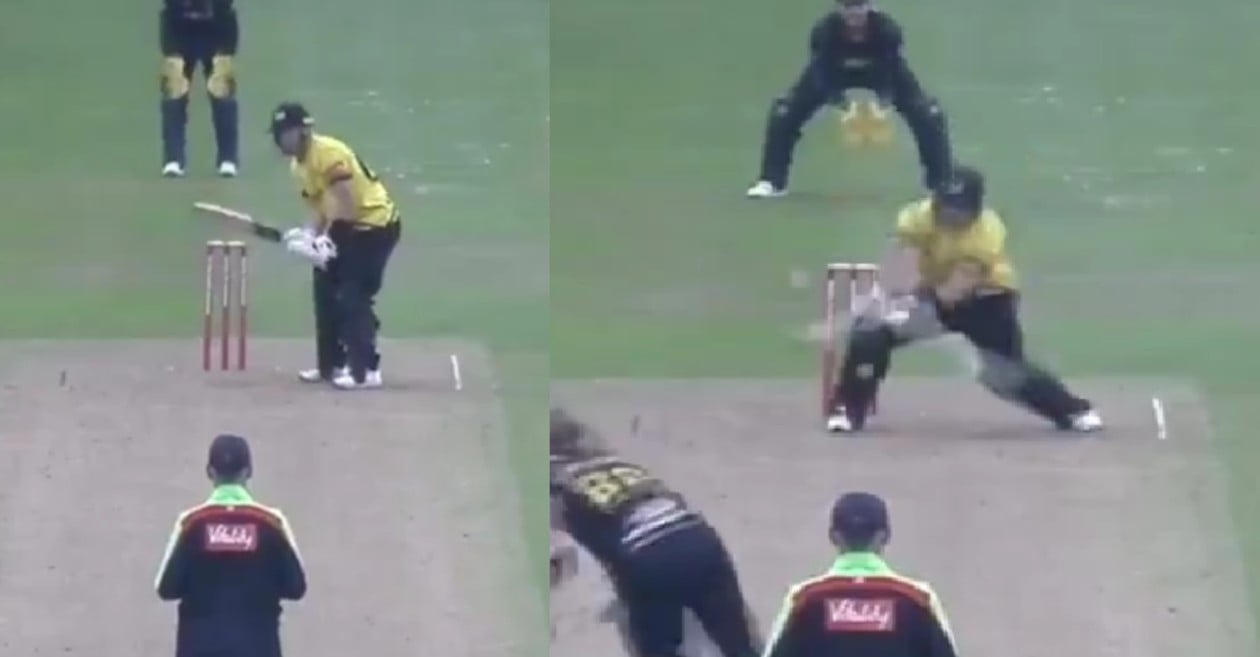 WATCH: Glenn Phillips reverse scoops a Daniel Douthwaite delivery for six during the T20 Blast 2021 match