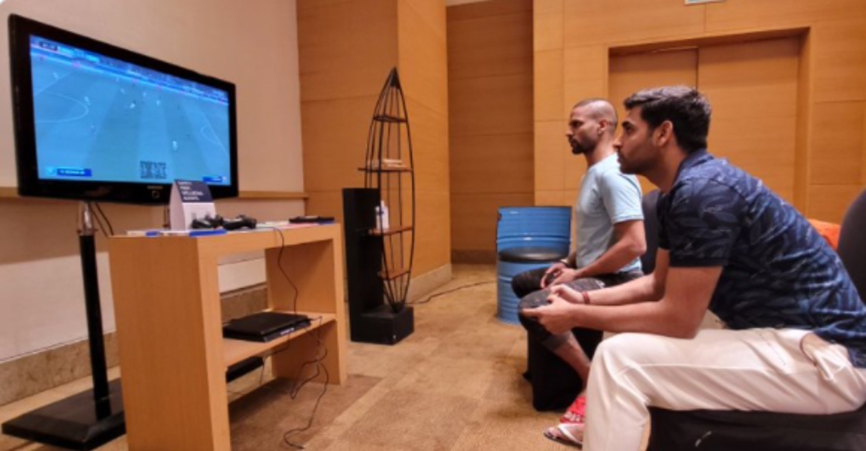 Shikhar Dhawan and Bhuvneshwar Kumar compete in a PlayStation game ahead of Sri Lanka tour