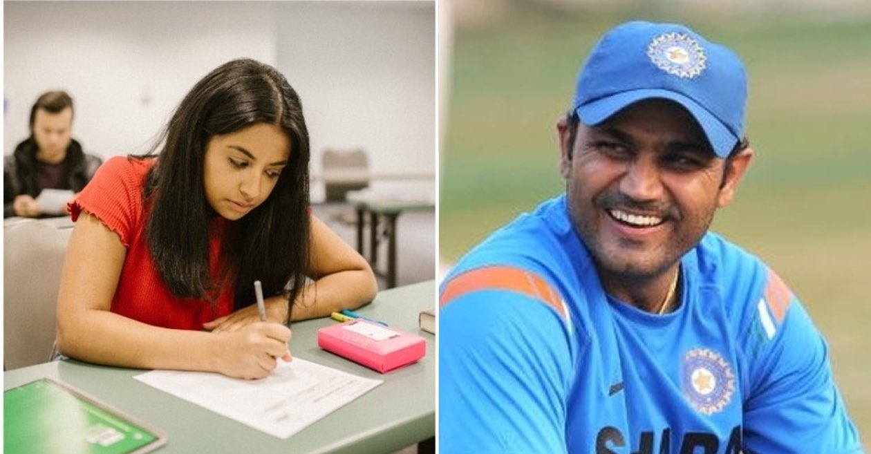 Virender Sehwag reacts after two students with above 99 percent scores retake exams