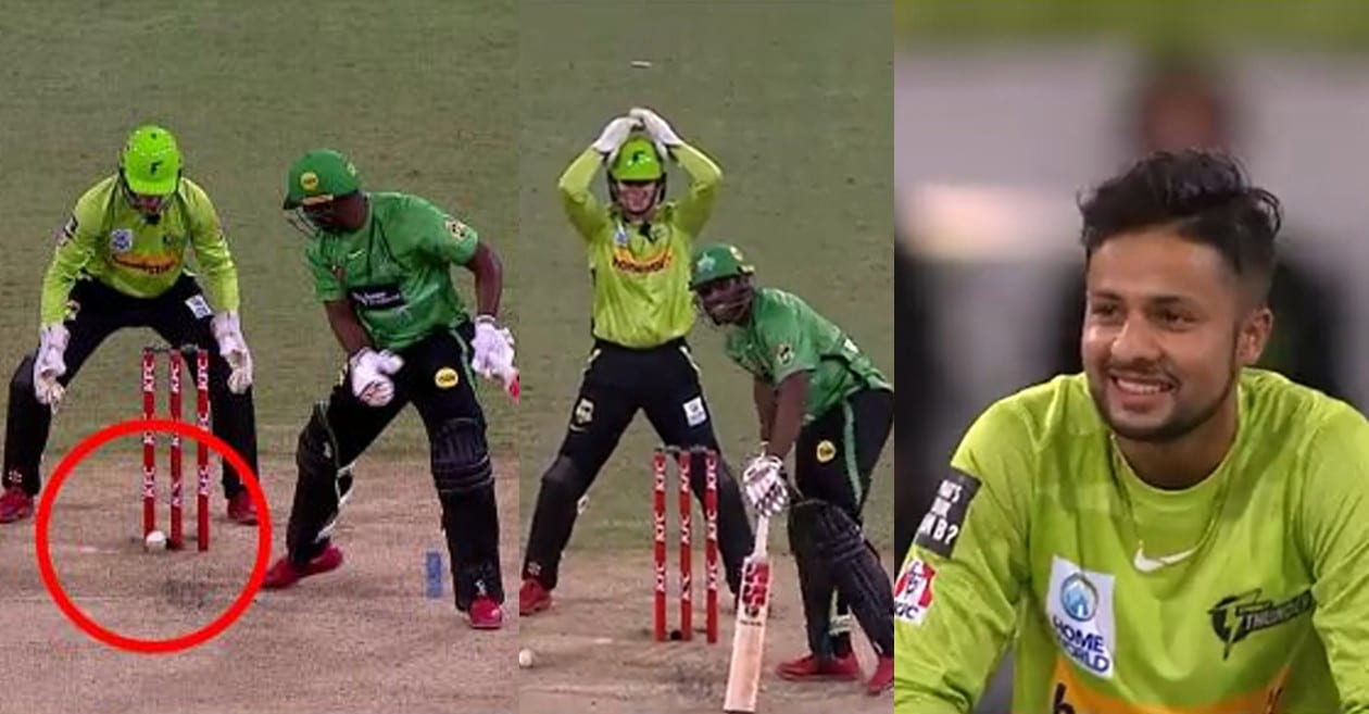 Andre Russell survives after Tanveer Sangha's delivery hit the stumps