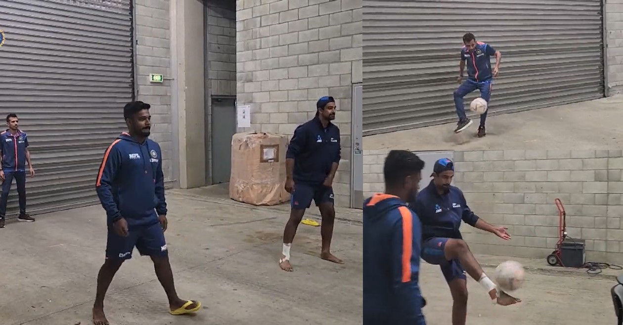 NZ, IND players engage in foot volleyball