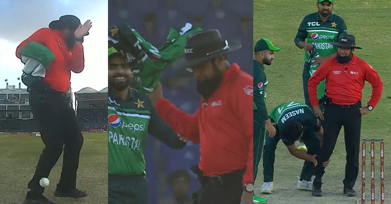 Aleem Dar throws jersey after ball hits his leg