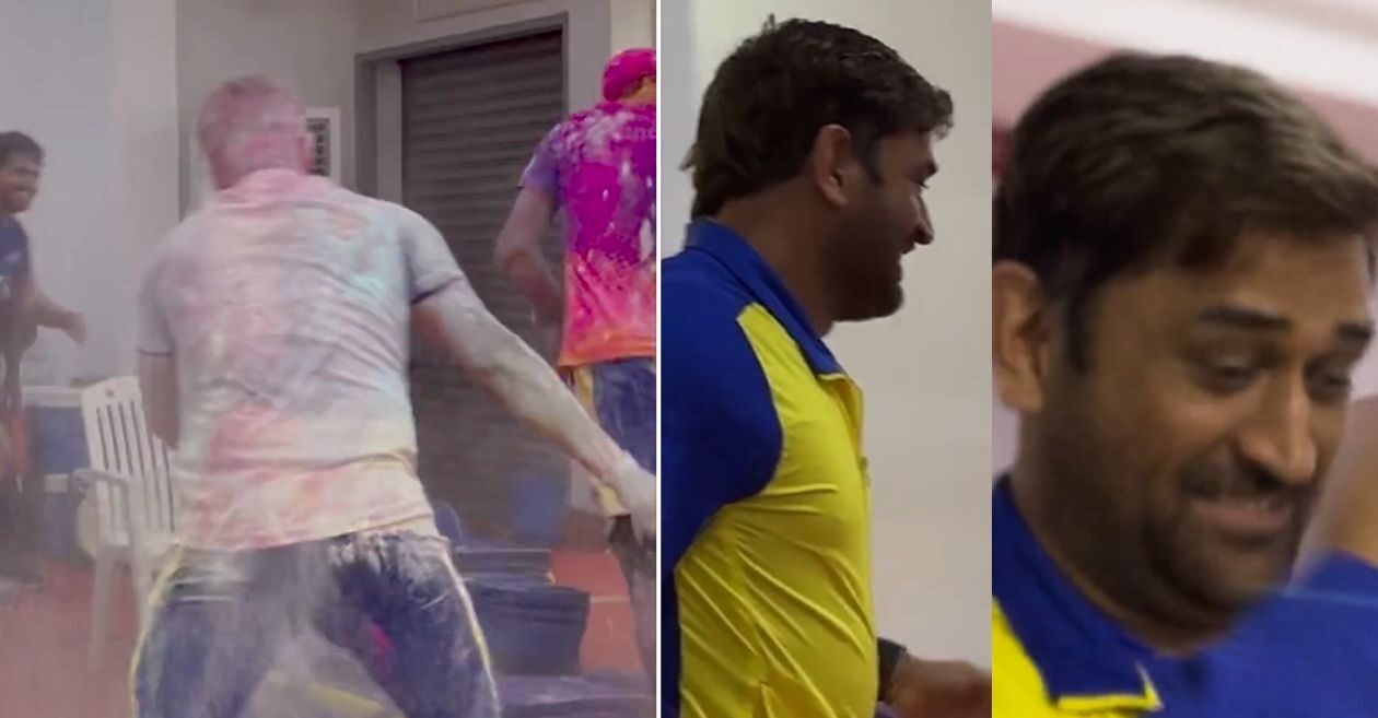 WATCH: MS Dhoni smartly saves himself from colour barrage during CSK’s Holi celebrations