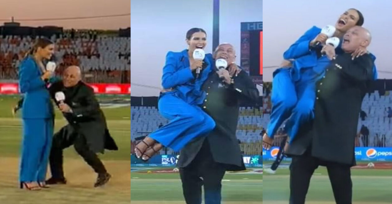 WATCH Danny Morrison hilariously lifts Erin Holland in his lap during the live coverage of PSL 2023 Cricket Times