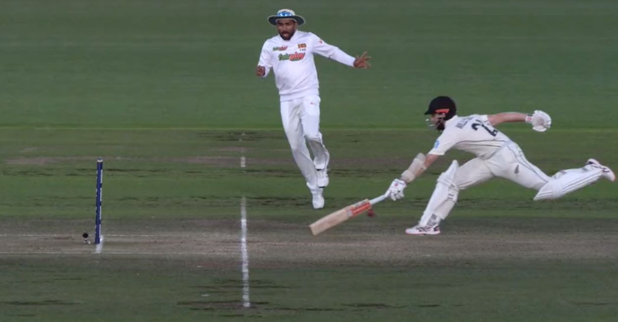 Kane Williamson dives to save his wicket