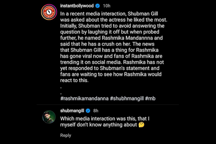 Shubman Gill instagram reply