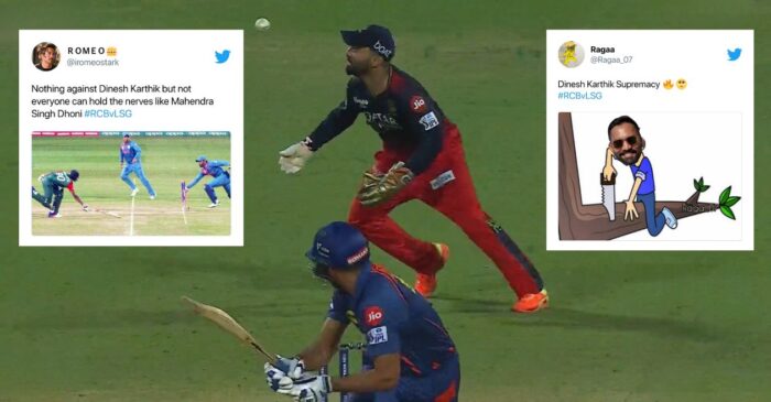 IPL 2023: Netizens troll Dinesh Karthik and compare him with MS Dhoni for missing a run out on the last ball of RCB-LSG clash