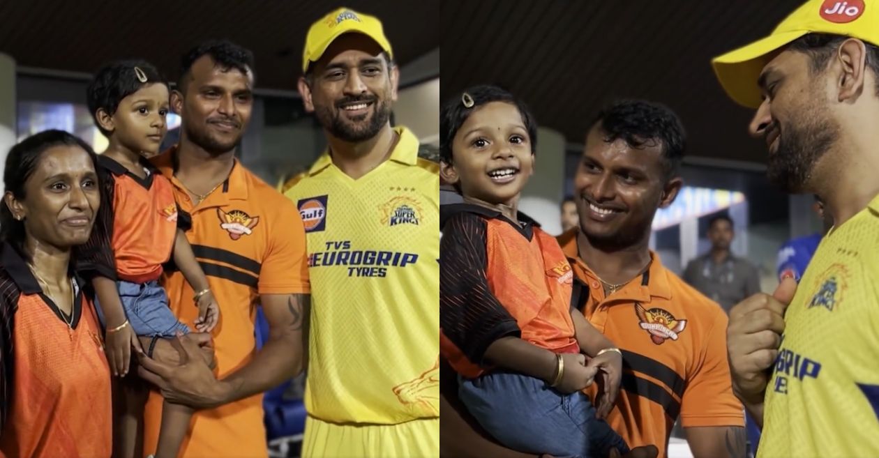 IPL 2023 [WATCH]: MS Dhoni indulges in a cute interaction with T Natarajan’s daughter as he meets the SRH pacer’s family
