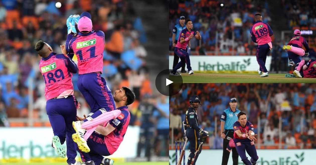 WATCH Sanju Samson, Shimron Hetmyer, Dhruv Jurel almost collide before Trent Boults catch removes Wriddhiman Saha