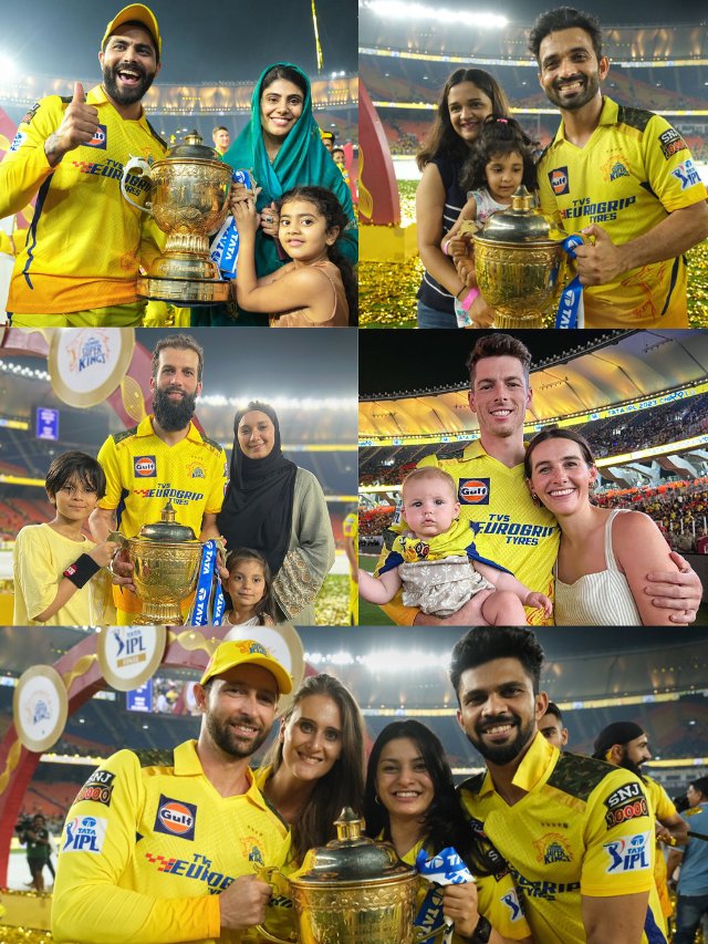 Wives, kids and girlfriends of CSK players posed with the IPL trophy after the team’s title-clinching victory