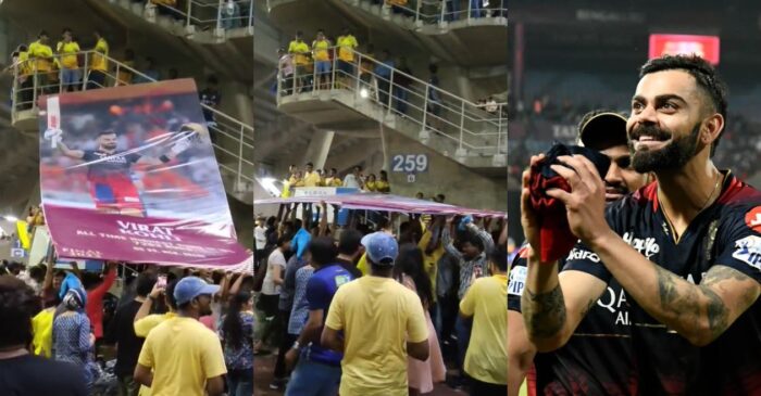 IPL 2023 [WATCH]: Fans use Virat Kohli’s giant banner to shield themselves from rainfall during CSK vs GT final