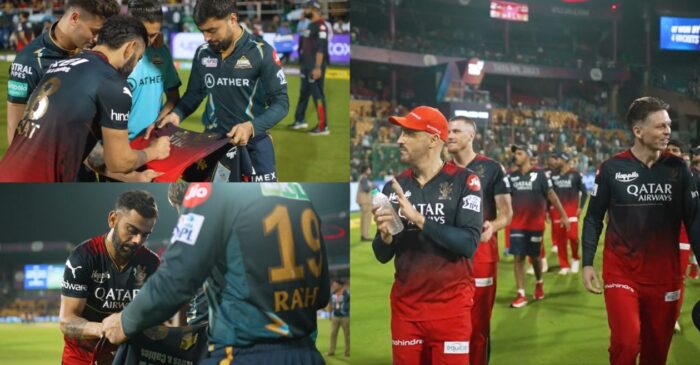 IPL 2023 [WATCH]: Virat Kohli signs a jersey for Rashid Khan as RCB does a lap of honour for the Chinnaswamy crowd