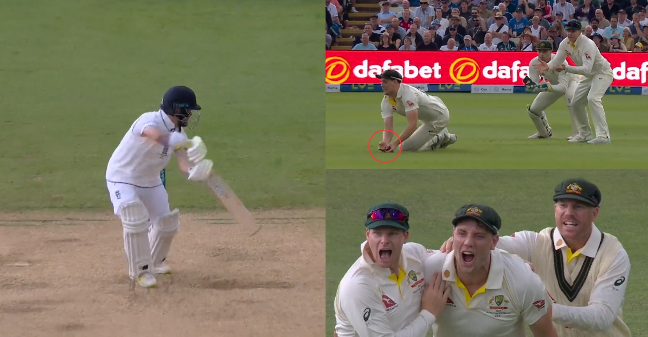 Cameron Green takes a brilliant catch at the gully region to dismiss Ben Duckett