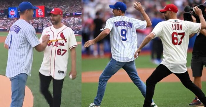 WATCH: Ashes rivals James Anderson and Nathan Lyon throw first pitch at MLB London
