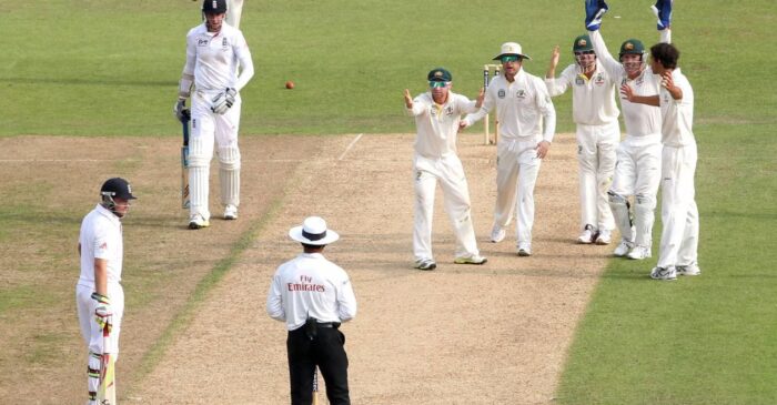 Australia captain Michael Clarke appealing to umpire after taking the catch of Stuart Broad