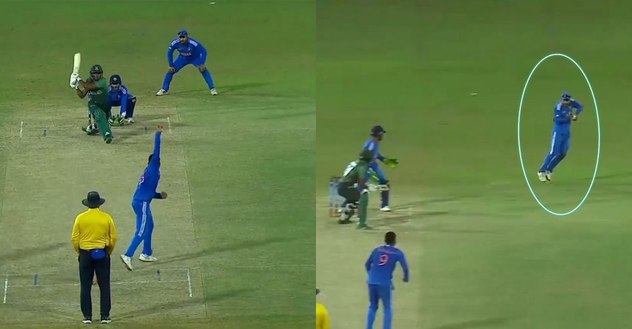 WATCH Riyan Parag takes a smart catch against Bangladesh; mocks the batter with his wild celebration Cricket Times