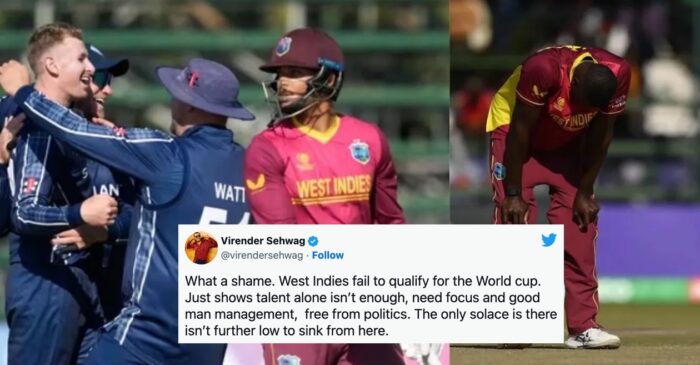 ‘What a shame’: Cricketing world goes mad as West Indies crash out of the World Cup race after Scotland loss