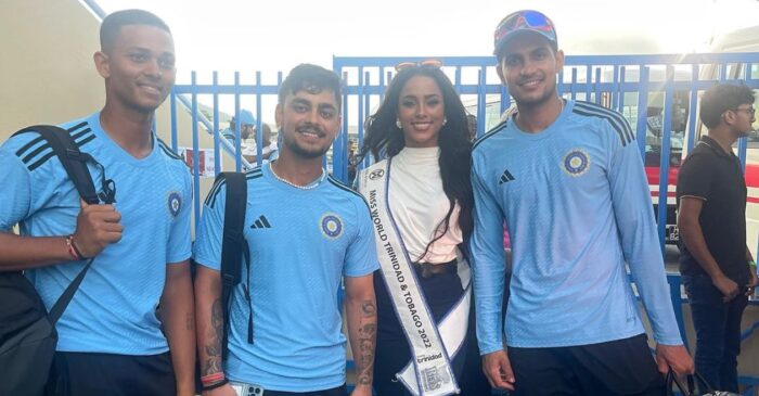 WATCH: Yashasvi Jaiswal swaps position with Ishan Kishan while posing for a picture with Miss World Trinidad and Tobago